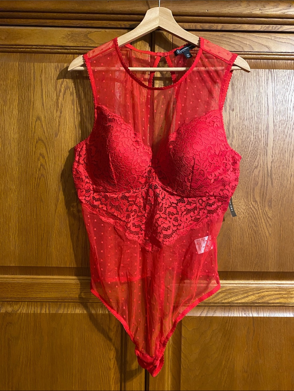 INC International Concepts Red Lace & Sheer Dot Mesh Bodysuit